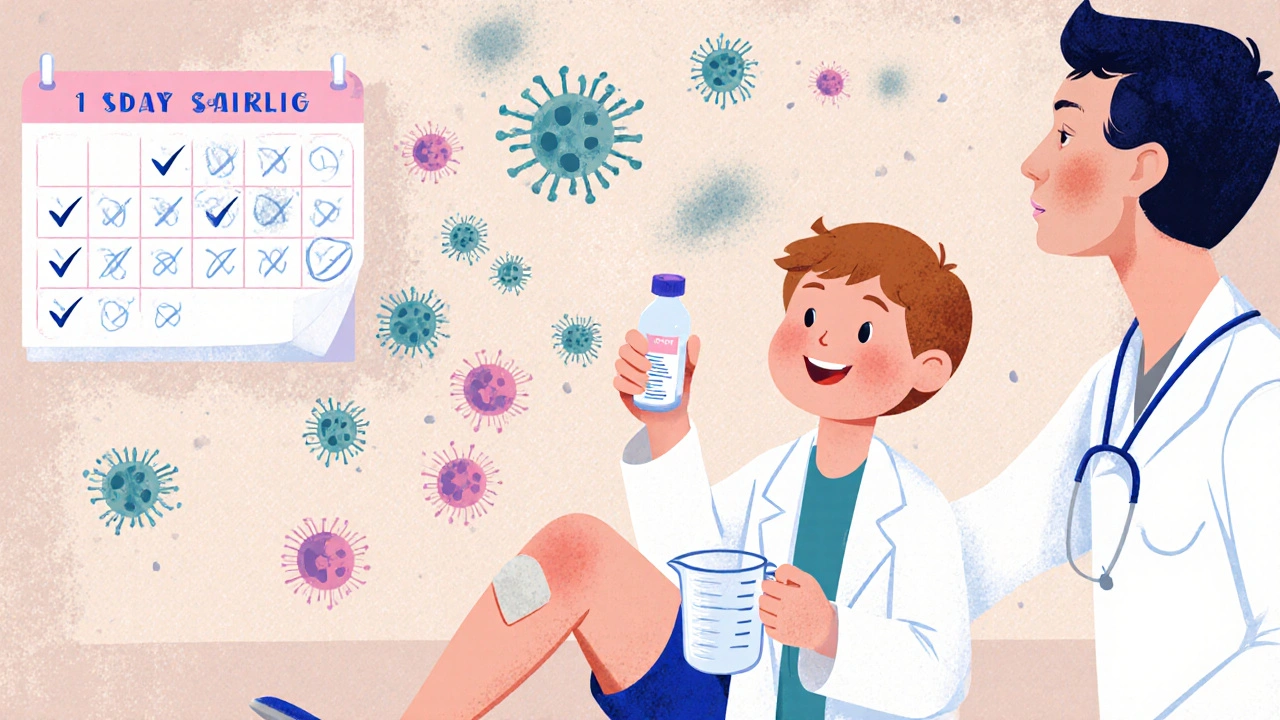 A child receiving cefadroxil liquid from a doctor, with healing bacteria fading around them.