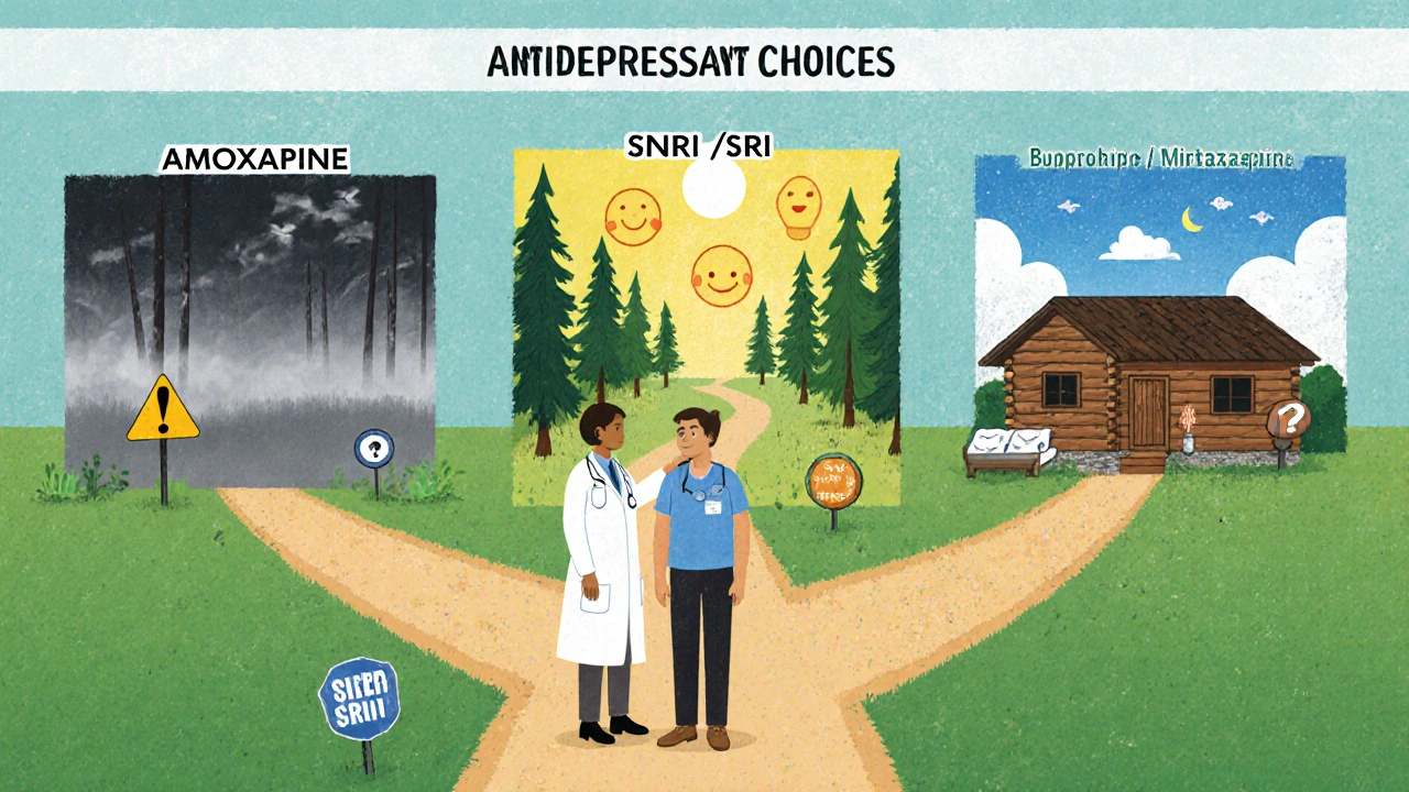 A doctor guiding a patient along a branching path representing different antidepressant options, with contrasting environments.