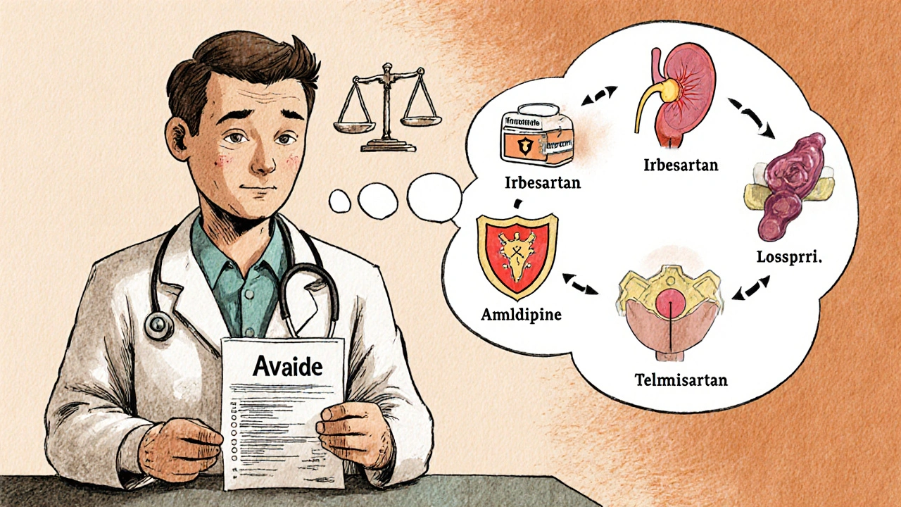 A patient thinking about five alternative blood pressure medications while holding an Avalide prescription.