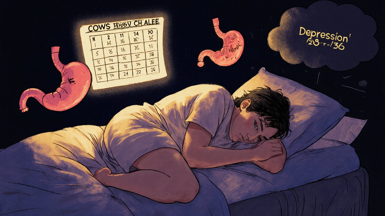 A person in withdrawal surrounded by symbolic symptoms like shaking, vomiting, and a COWS scale chart.