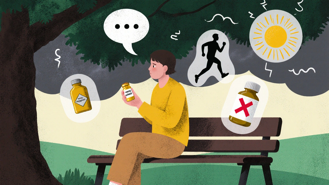 A person on a bench with floating symbols of therapy, exercise, sunlight, and supplements beside a vial of amoxapine.