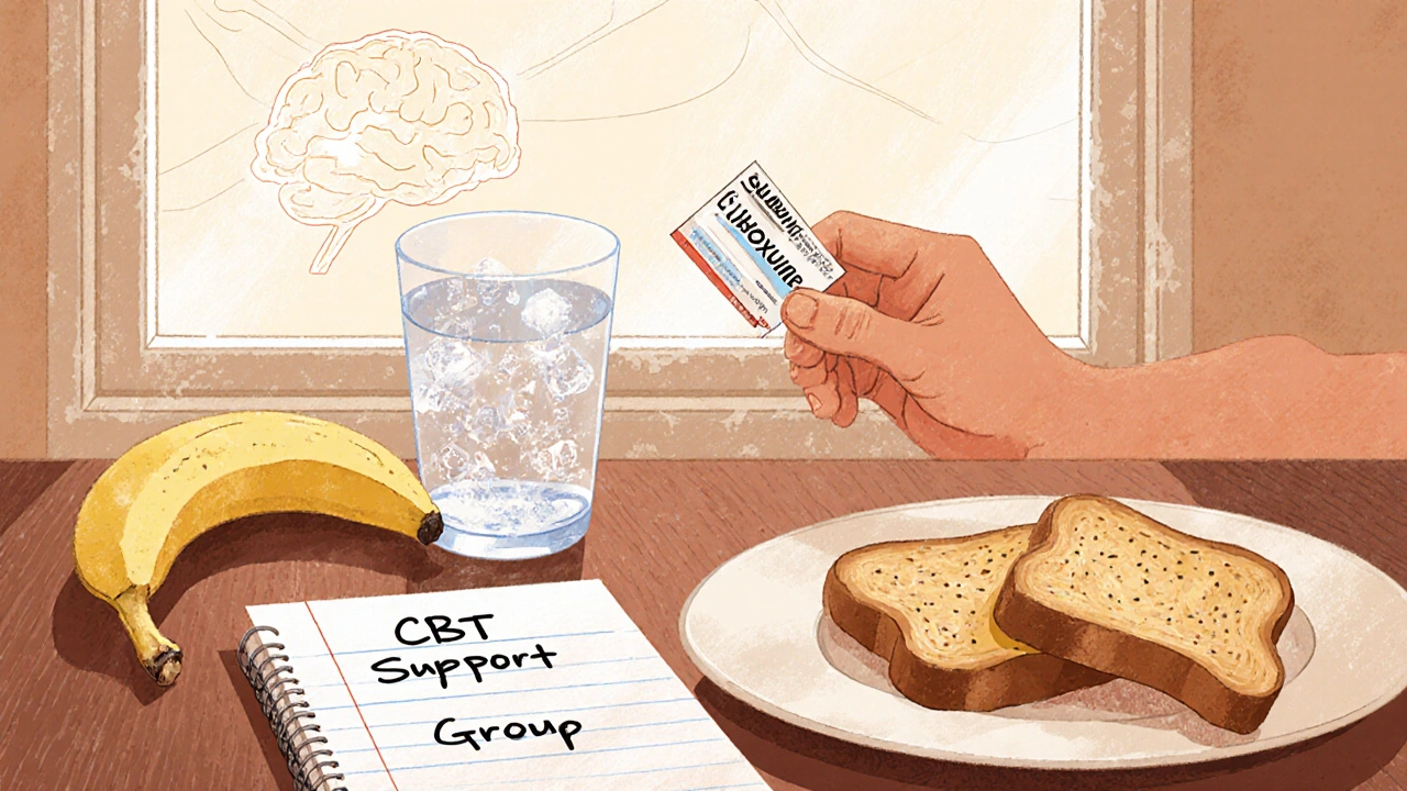 A recovery scene with Suboxone, hydration, food, and therapy notes under soft morning light.