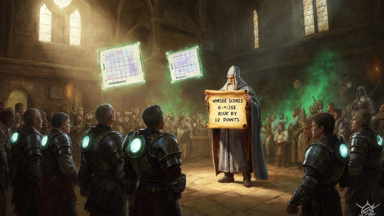 Armored patients with memory patches and a mage showing rising MMSE scores.