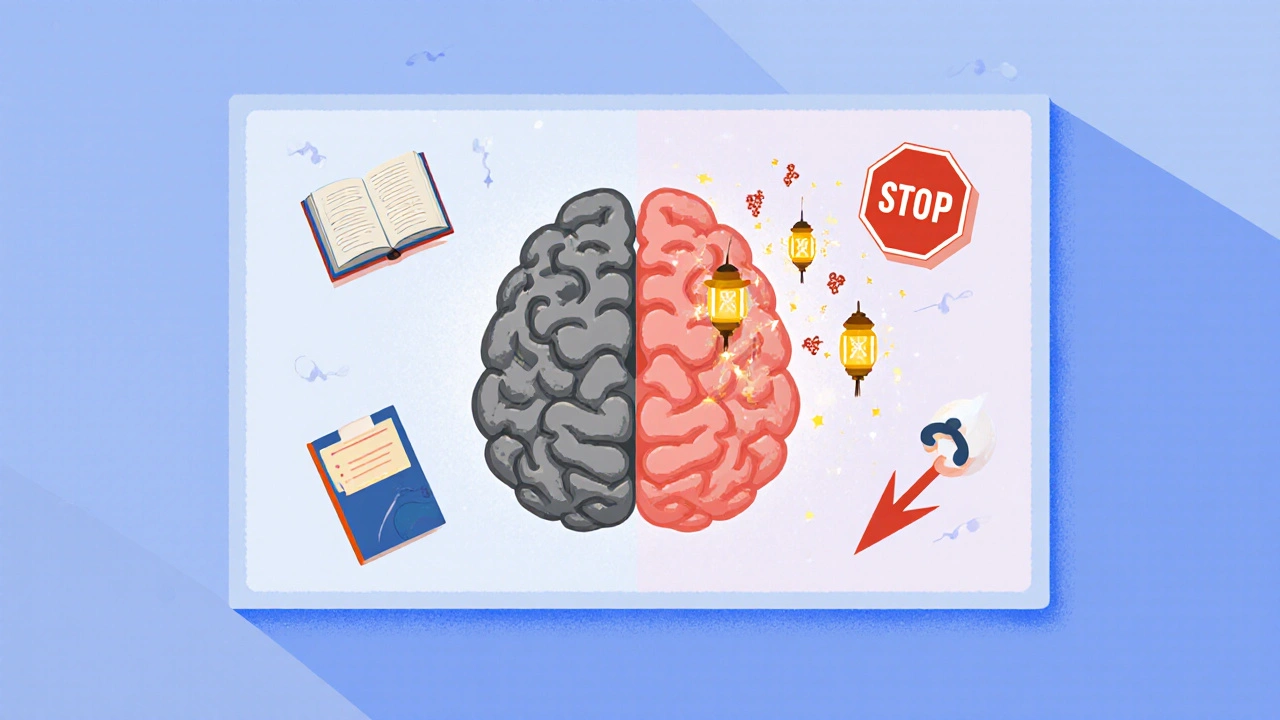 Brain split view showing dim prefrontal cortex, dopamine icons, and executive function symbols.