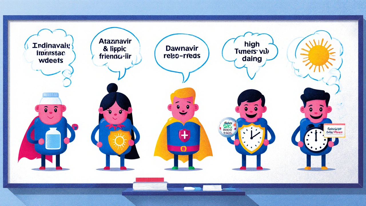 Cartoon characters representing Indinavir, Lopinavir/ritonavir, Atazanavir, Darunavir, and Saquinavir with side‑effect icons.
