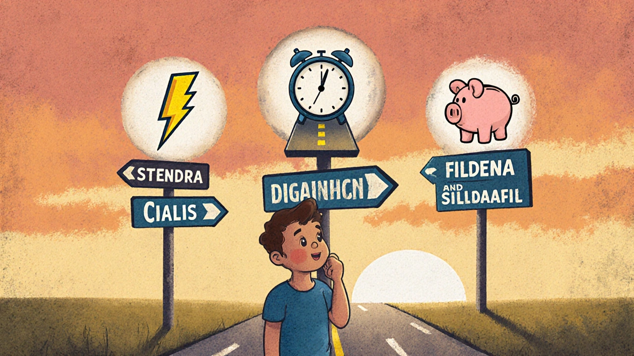 Cartoon man at a crossroads with icon‑marked paths for speed, duration, and low cost.