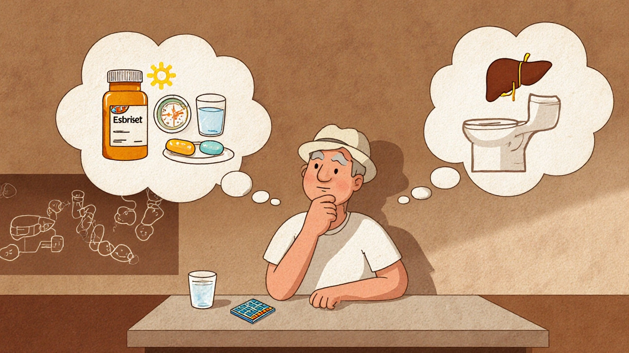 Cartoon scene of a patient weighing medication choices with lifestyle icons and research background.