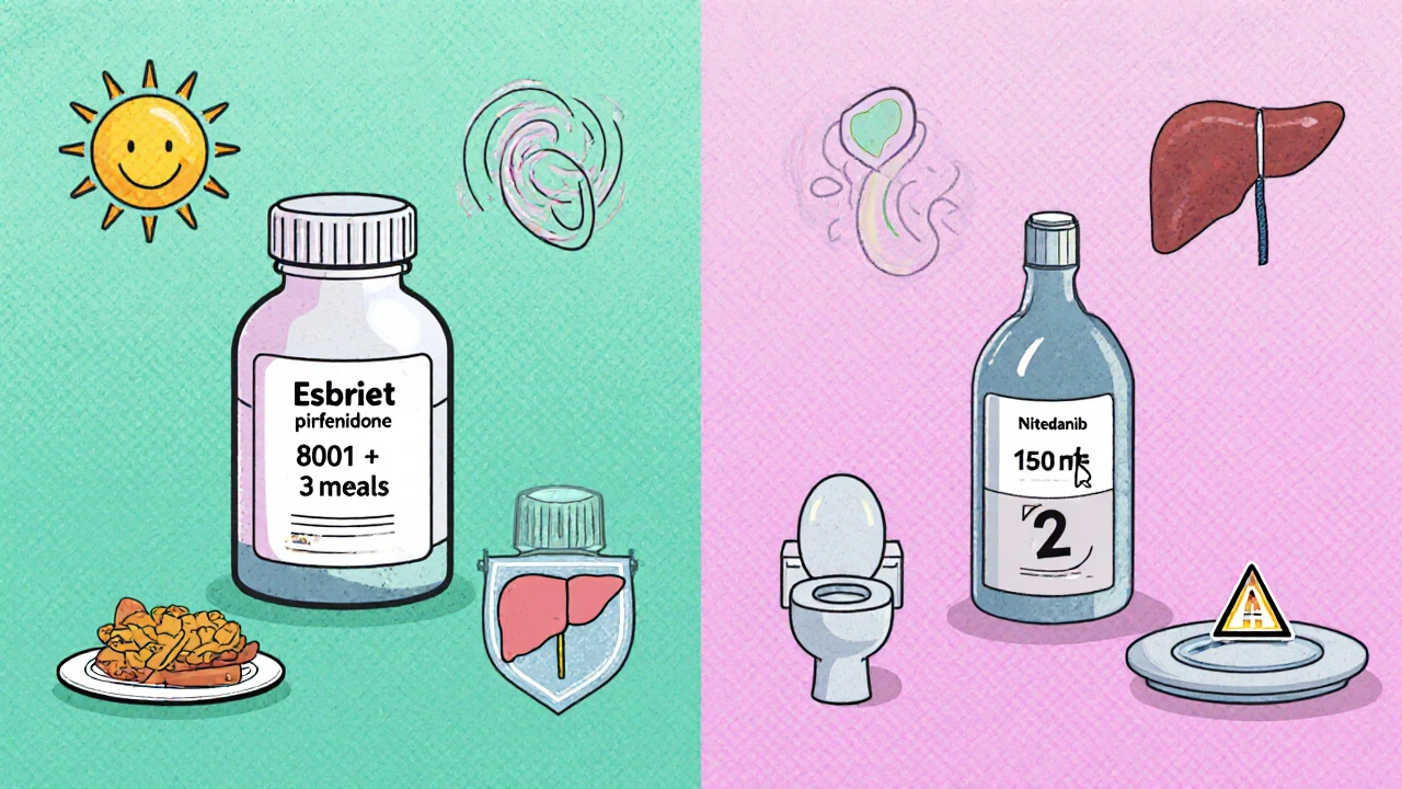 Cartoon side‑by‑side comparison of Esbriet and Nintedanib bottles with dosing and side‑effect icons.
