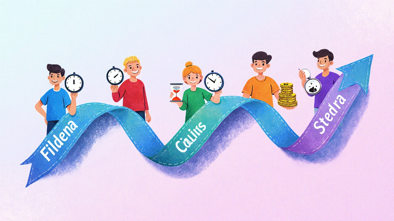 Cartoon timeline showing characters with clocks, hourglasses, and coins representing ED drugs.