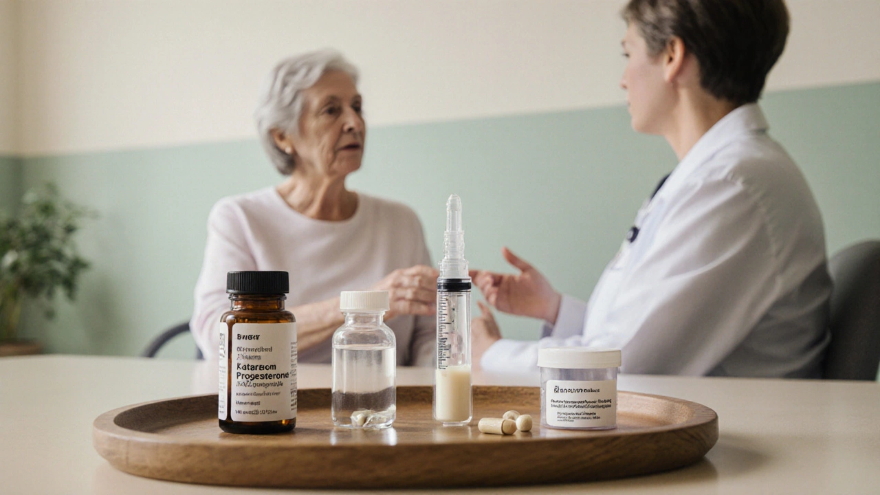 Clinic scene showing a woman with a doctor and assorted progesterone therapy forms on a tray.
