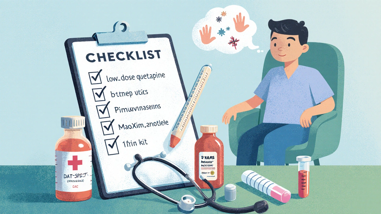 Clinician's checklist with medication icons and monitoring tools for combined Parkinson's and psychosis care.