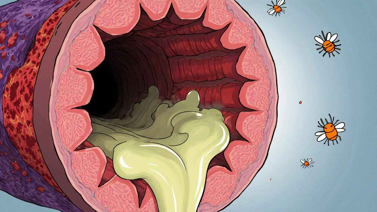 Close‑up of a narrowed bronchiole with inflamed walls, mucus, and immune cells during an asthma attack.