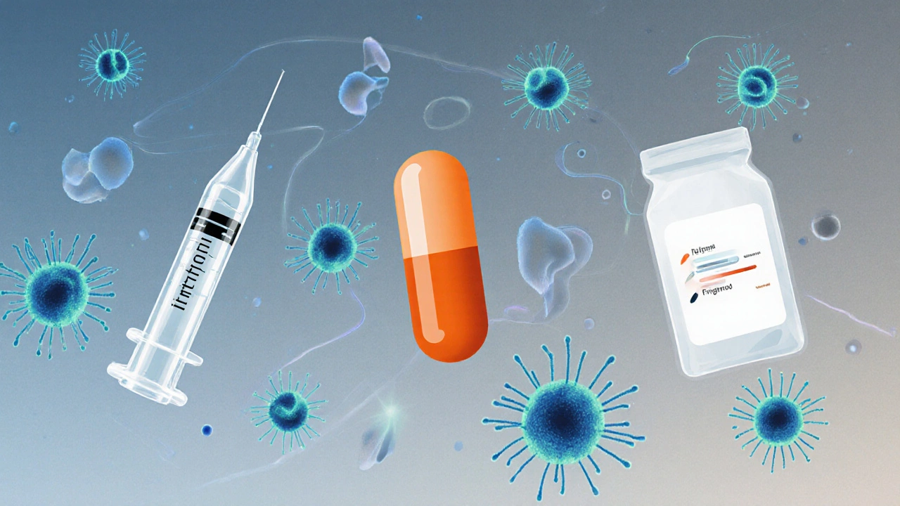 Collage of MS drugs – injection, oral pill, infusion – with immune cells.
