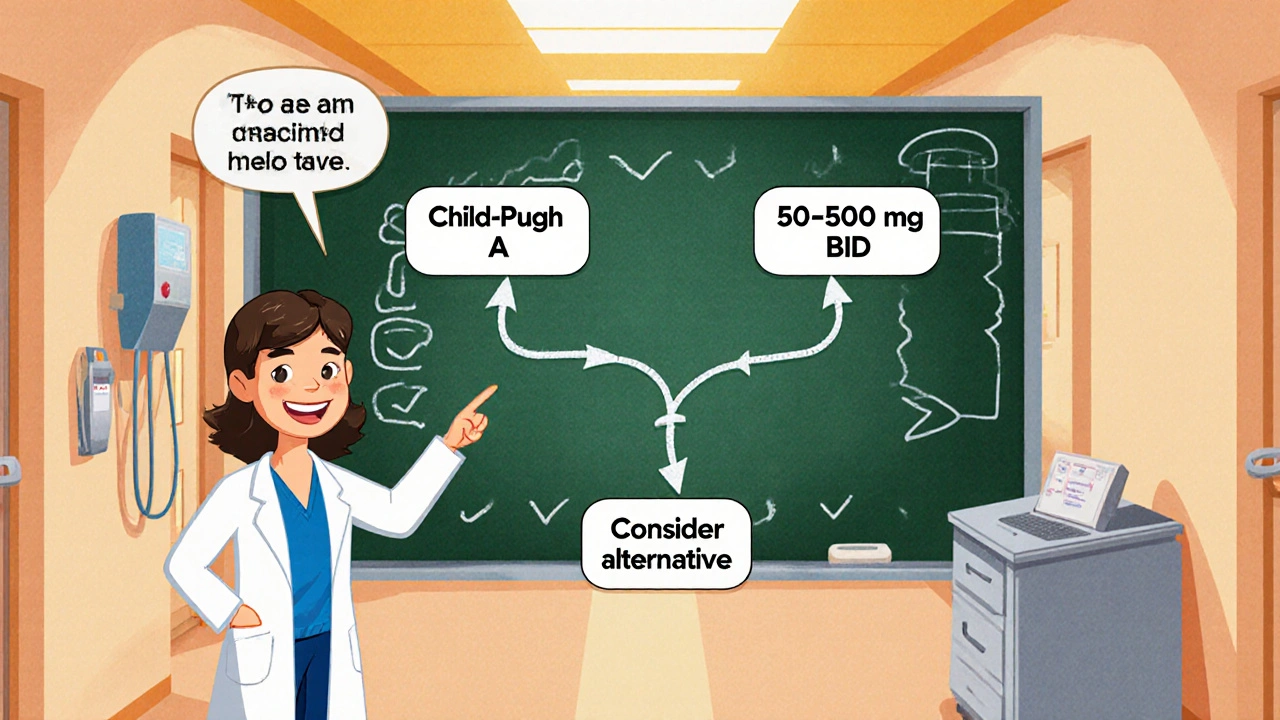 Comic‑style decision tree showing dosage adjustments for Child‑Pugh classes.