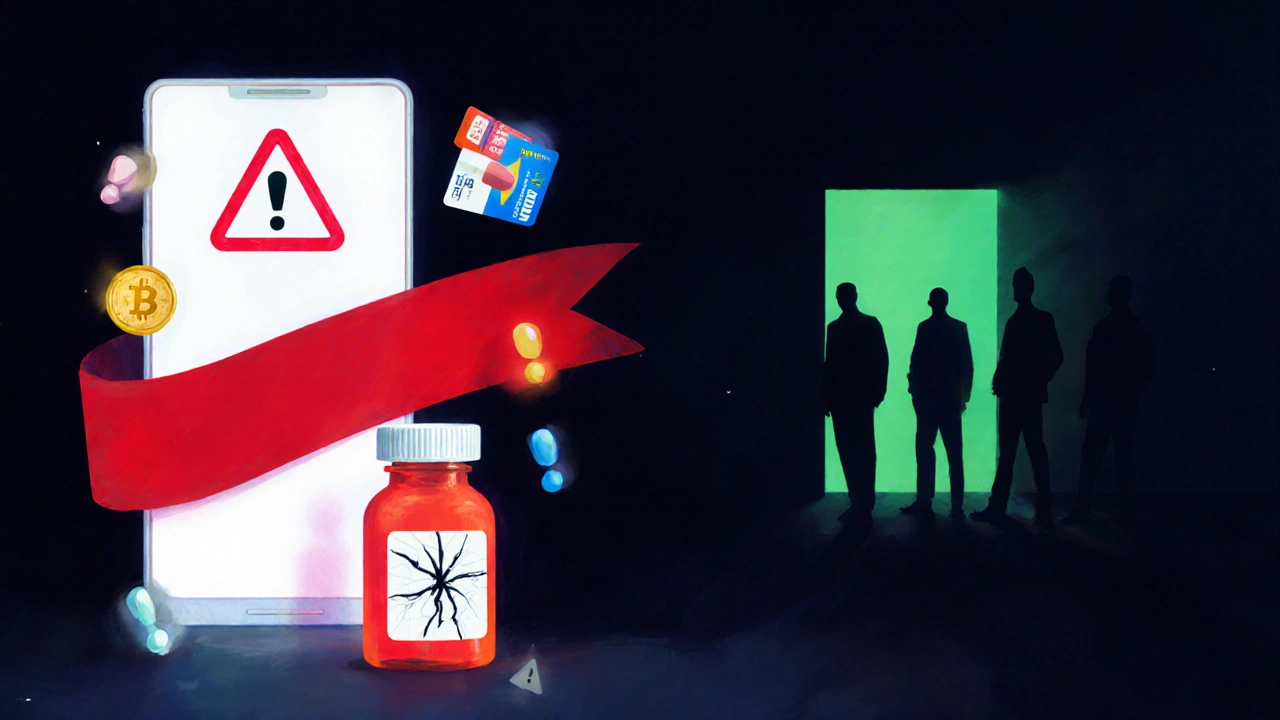 Digital painting of warning symbols, counterfeit pills, and shady transactions highlighting pharmacy scams.