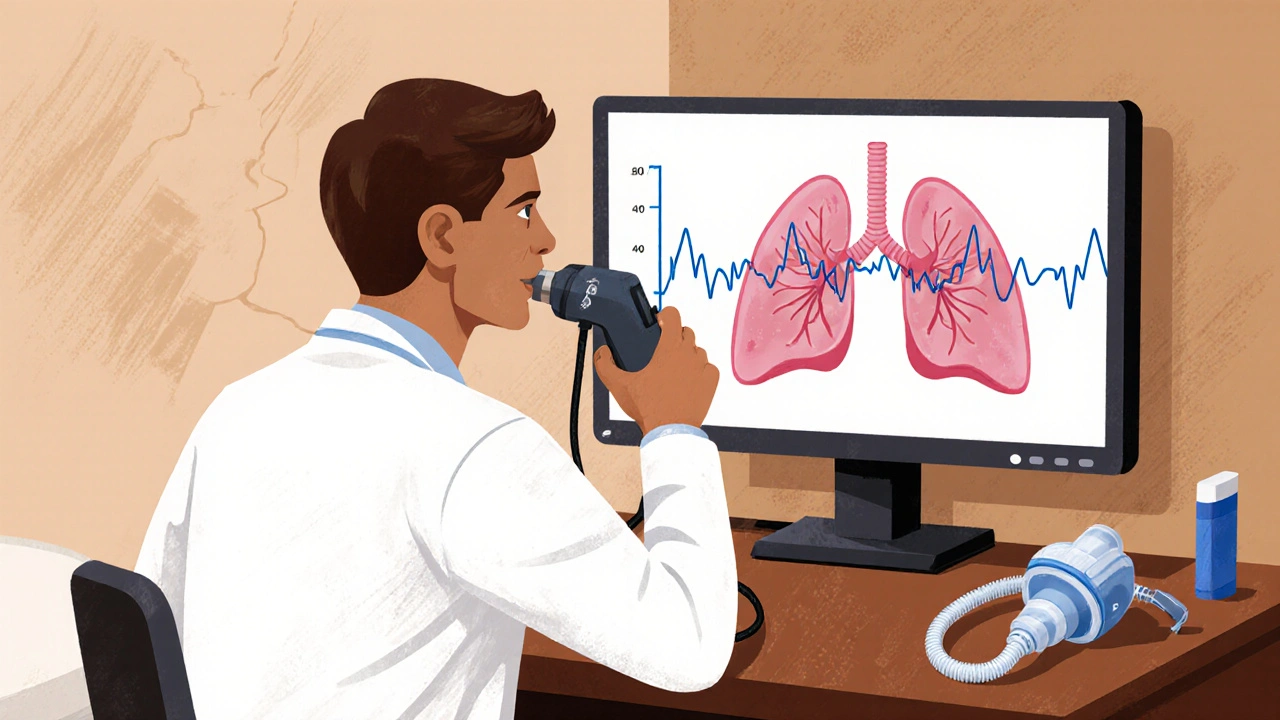 Doctor using a spirometer on a patient with a CPAP mask and inhaler nearby in a clinic.