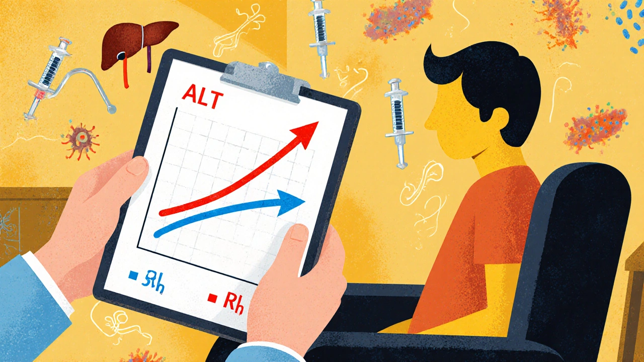 Doctor viewing liver enzyme graphs with cholestatic and hepatocellular patterns side by side.