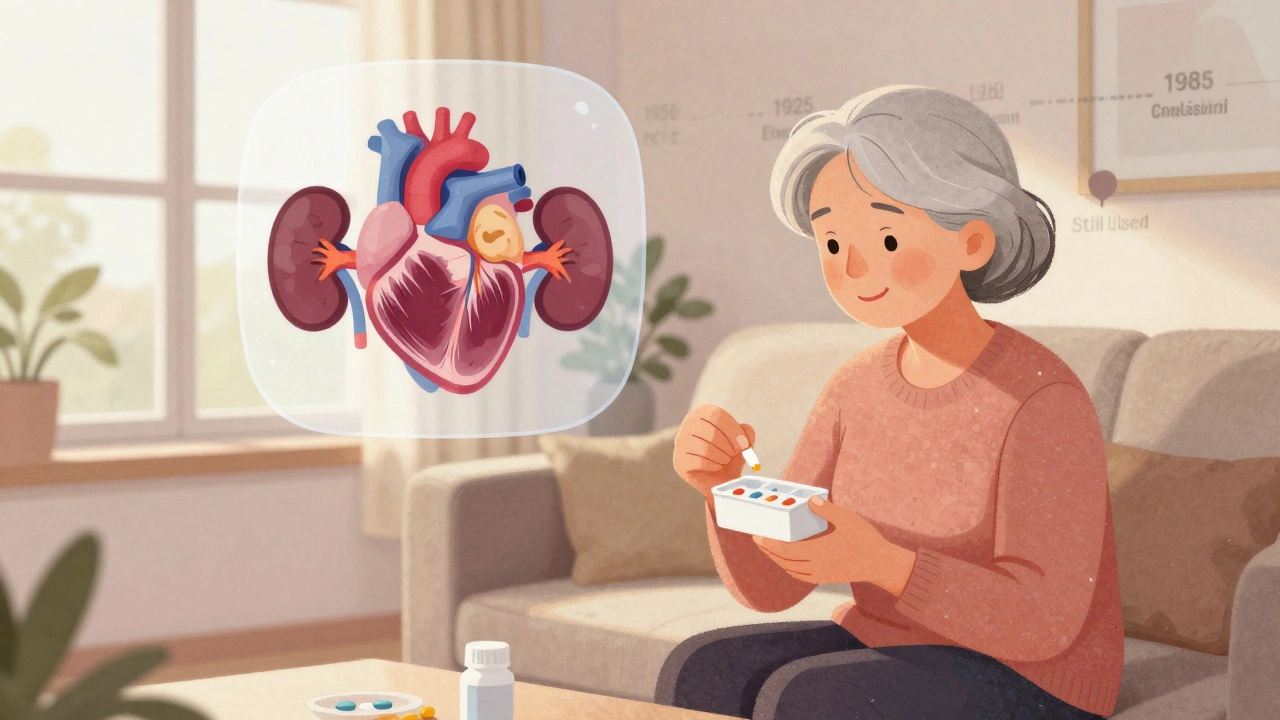 Elderly woman taking her daily blood pressure pill at dawn, with symbolic heart and kidneys glowing softly