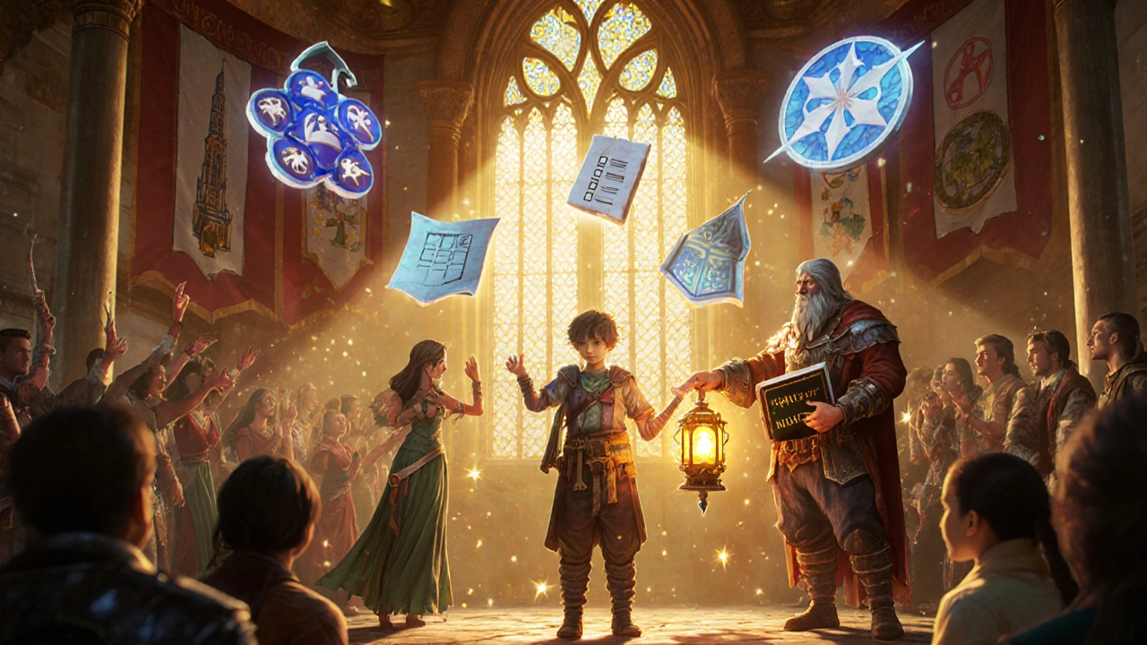 Family celebrating a child’s progress with a checklist and guild hall backdrop.