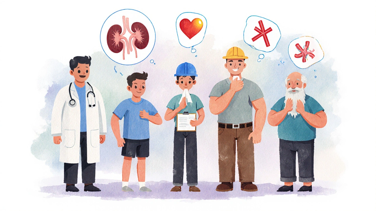 Five stylized medication characters surrounding a patient, each representing a different blood pressure drug.
