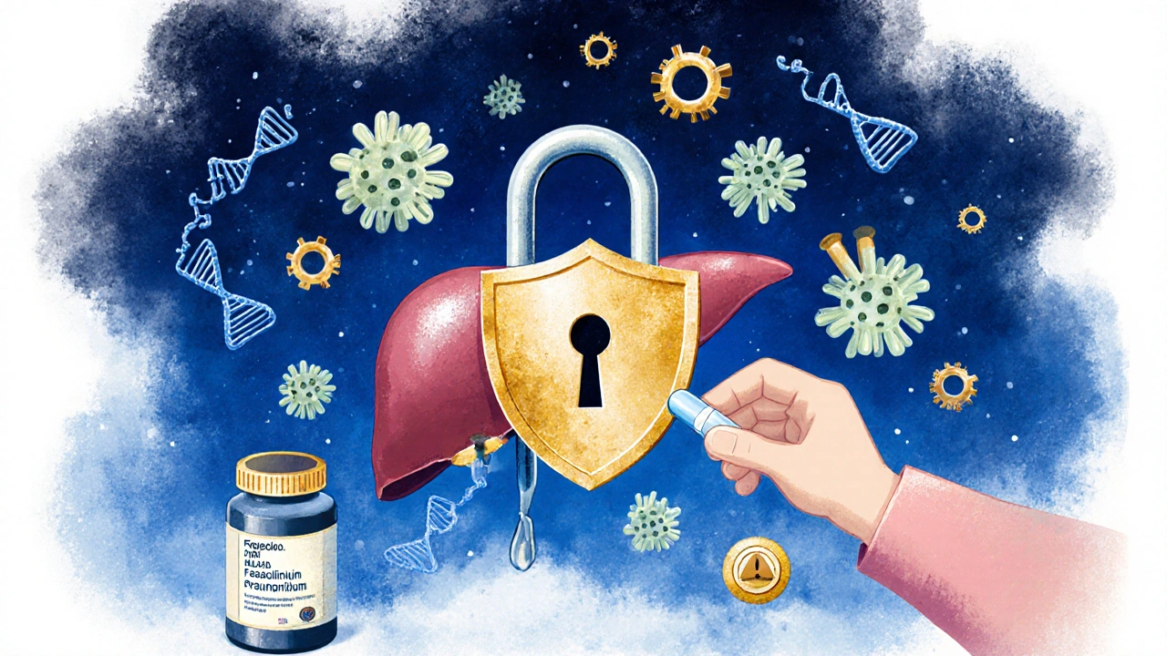 Genetic key protecting liver from antibiotics, with beneficial bacteria and probiotic capsule.