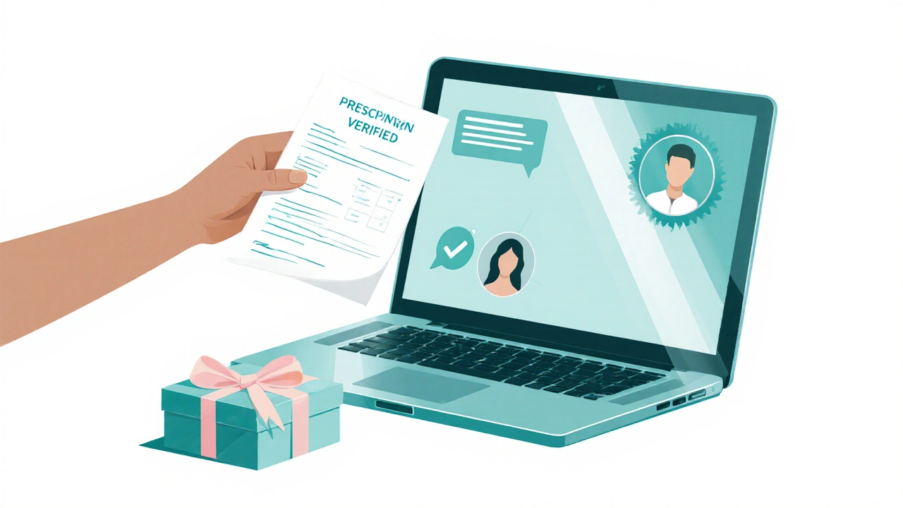 Hand holding prescription next to laptop showing a verified badge and discreet shipping box.