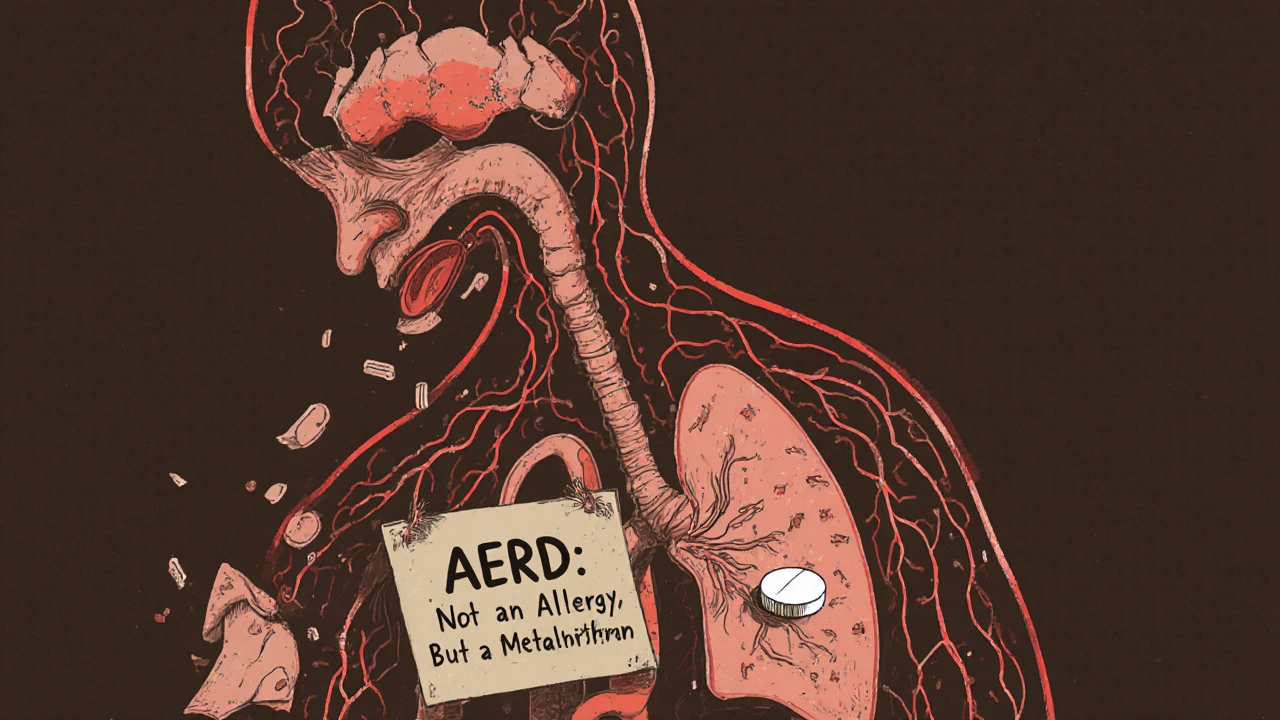 Human figure with inflamed sinuses and lungs, leaking inflammatory particles, with acetaminophen tablet resting safely on chest.