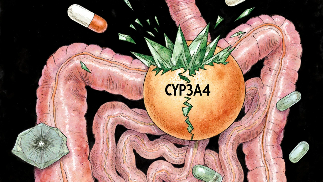 Human gut enzyme being destroyed by grapefruit chemicals, with drugs flooding the bloodstream.