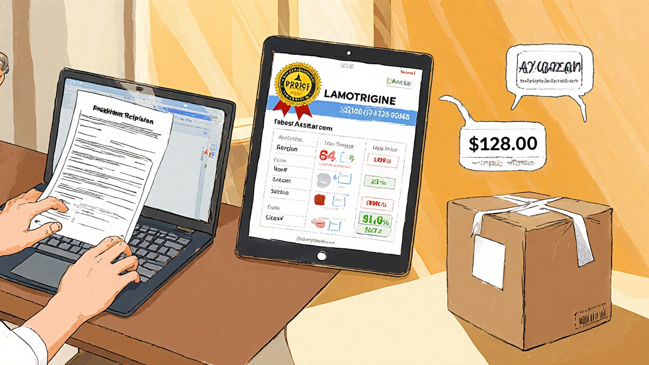 Illustration of a person reviewing a prescription, comparing prices, and sealing a discreet medication package.
