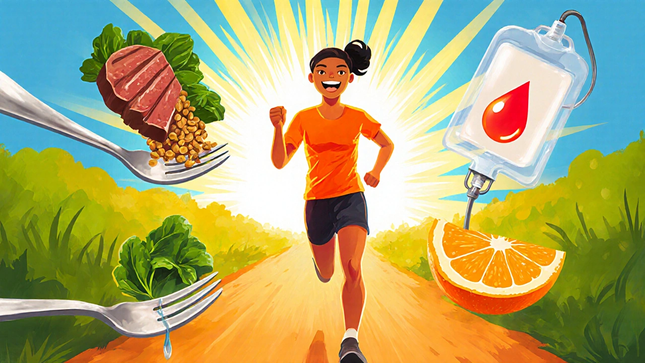 Joyful person outdoors surrounded by iron‑rich foods and an IV bag.