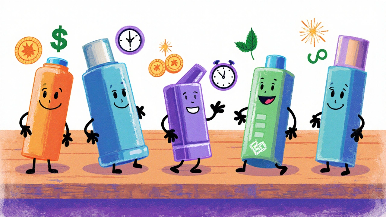 Lineup of five inhaler characters with icons for cost, dosing, device type, and side effects.