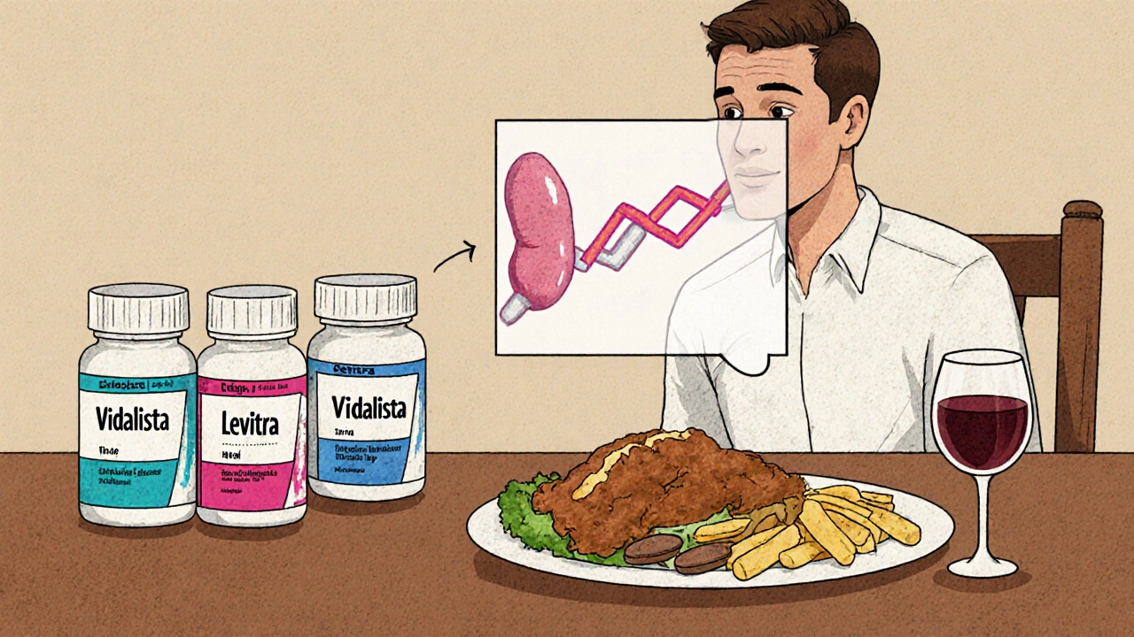 Man at table with food and wine, comparing ED pills while blood flow is illustrated above.