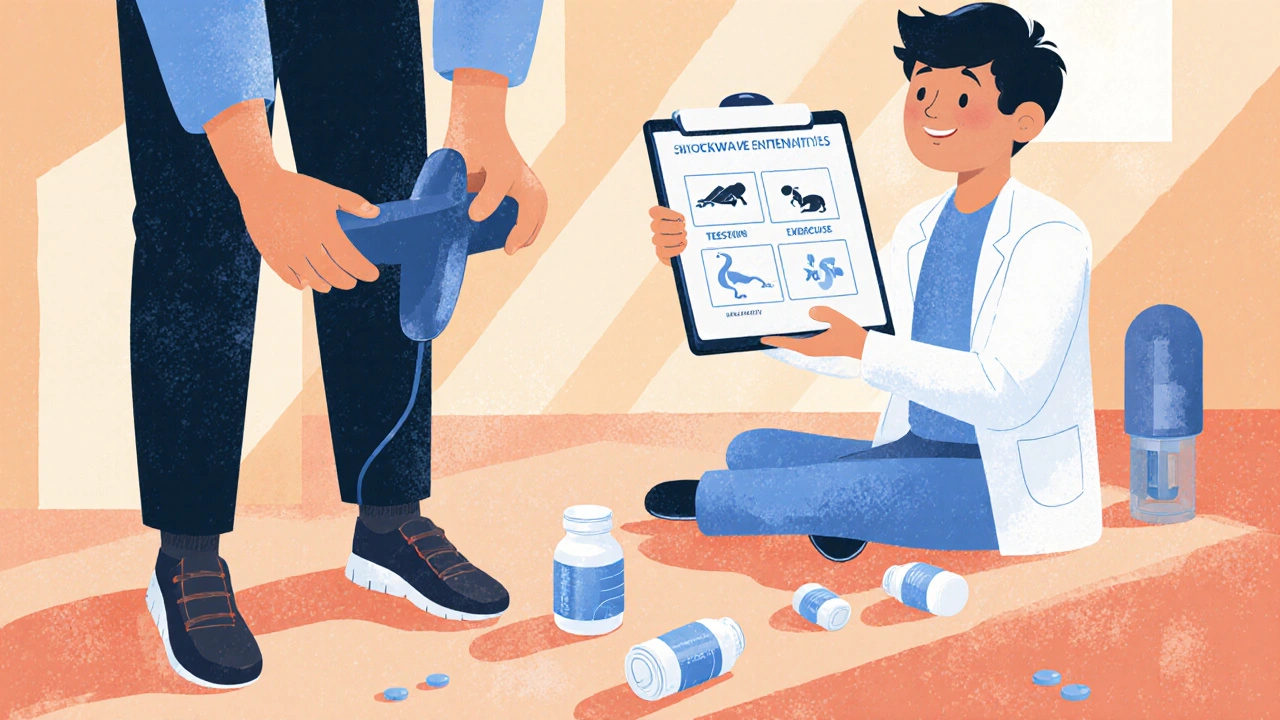 Man using penile pump beside doctor, with health icons and discarded pills symbolizing alternative ED treatments.