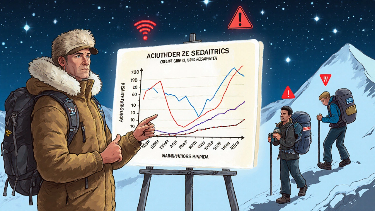 Medical guide explaining oxygen chart as trekkers ascend safely with proper gear.