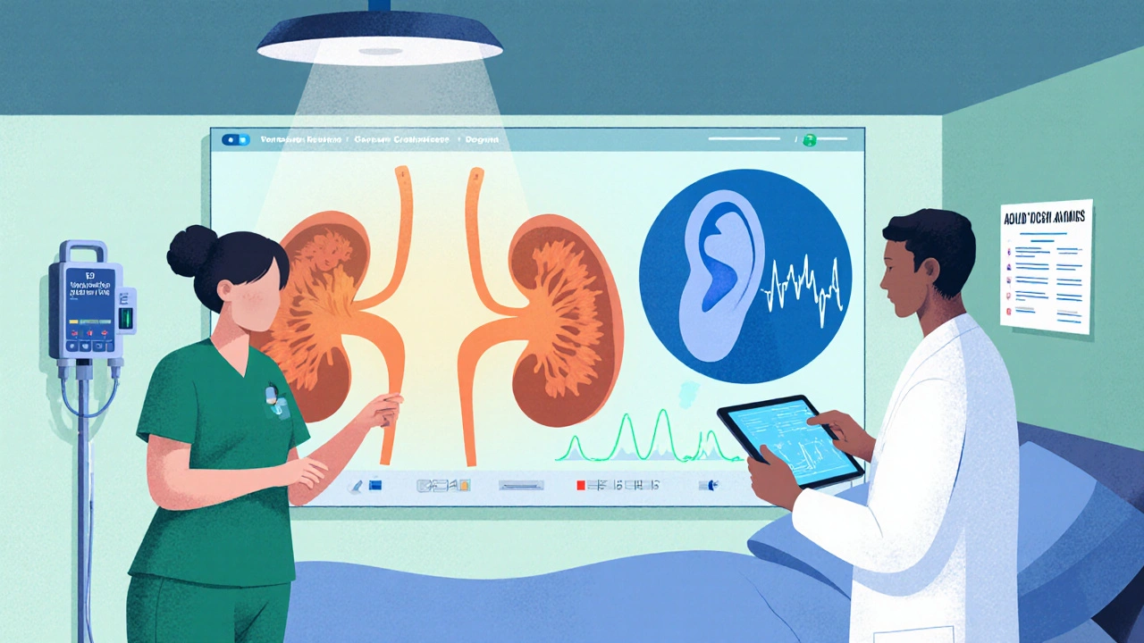 Nurse checks creatinine while doctor reviews an audiogram beside a vancomycin pump.