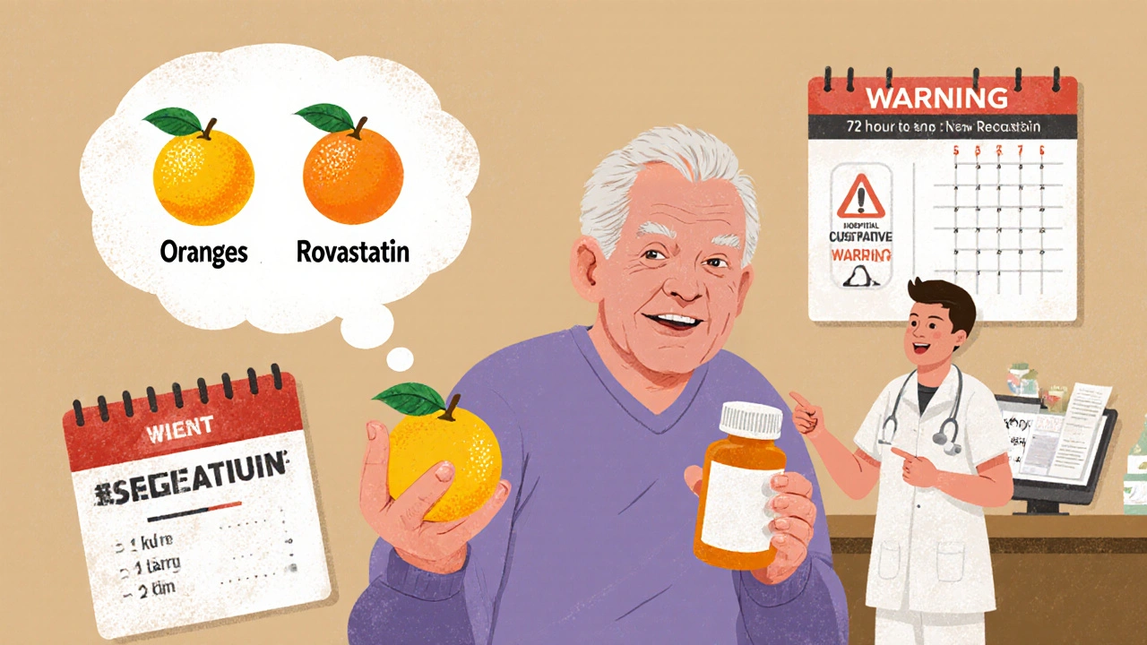 Older adult choosing safe alternatives to grapefruit with pharmacist guidance.