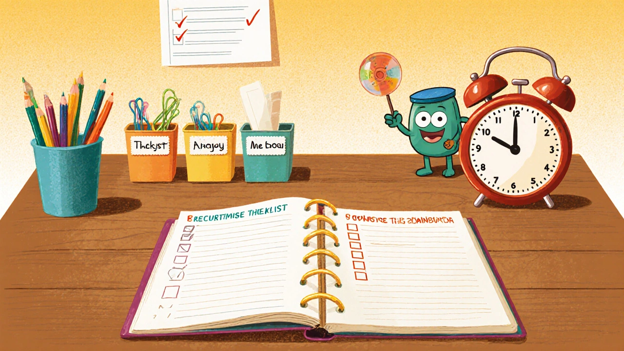 Organized desk with planner, timer, labeled containers, and supportive buddy.