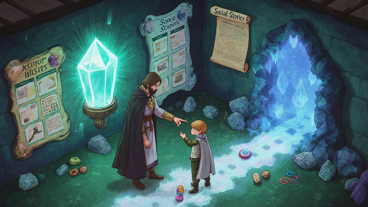 Parent and autistic child using visual aids and sensory tools in a fantasy quest room.