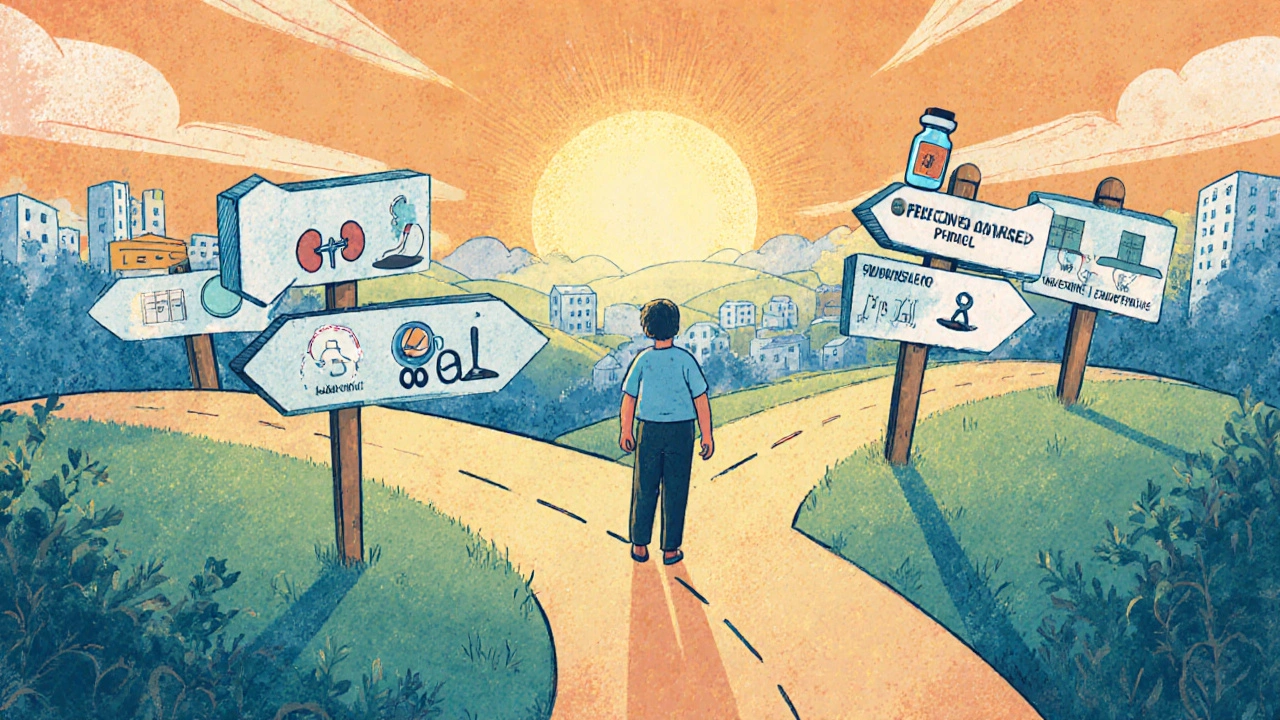 Patient at a crossroads with signposts indicating kidney, pregnancy, and weight concerns.