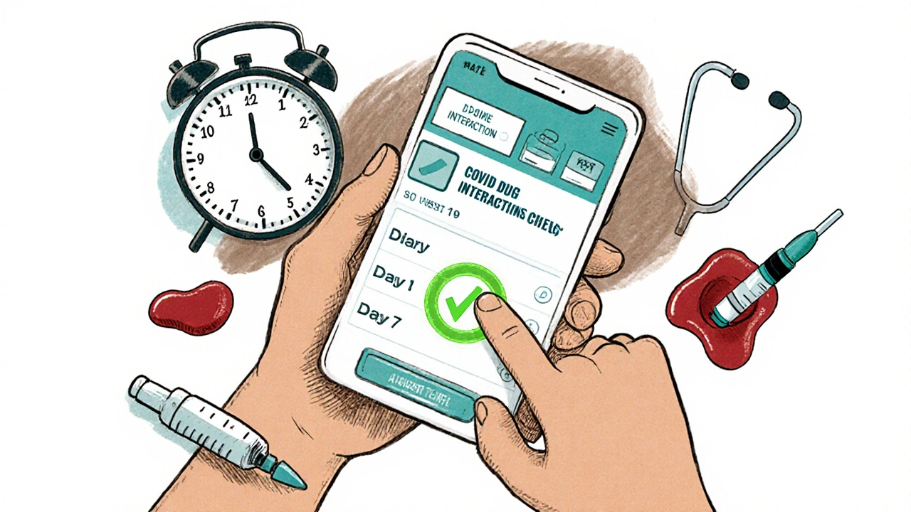Patient checking drug interaction app on phone, with clock and medical tools showing safe recovery timeline.