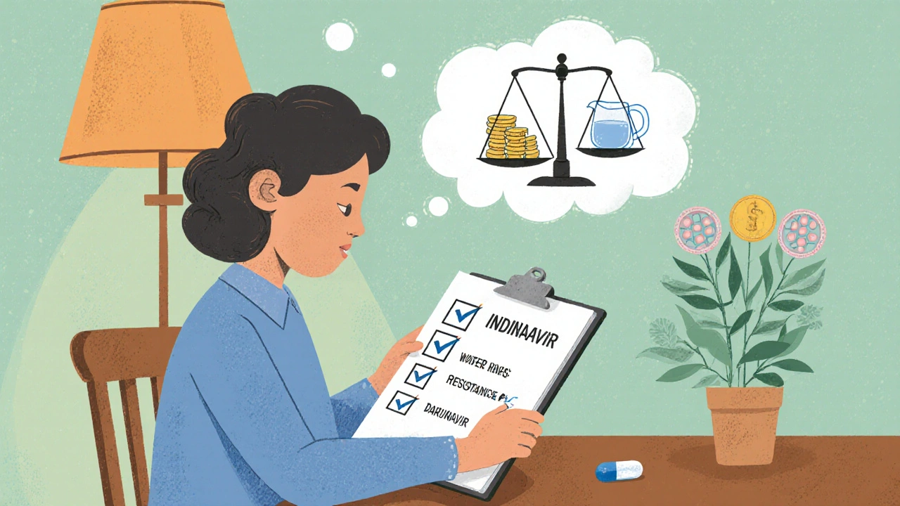 Patient checks a list of budget, hydration, kidney health, and resistance while weighing Indinavir against Darunavir.