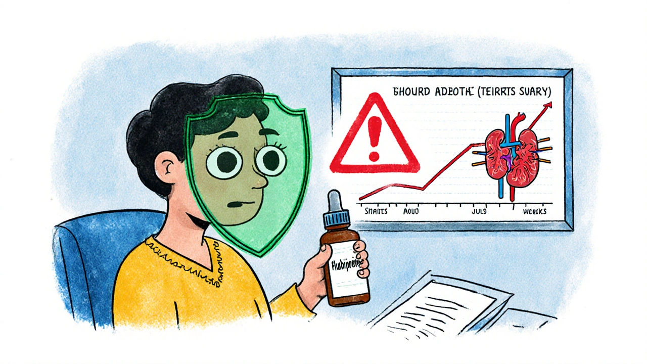 Patient holding eye drops as shield protects eyes, but warning signs hover over heart and kidneys.