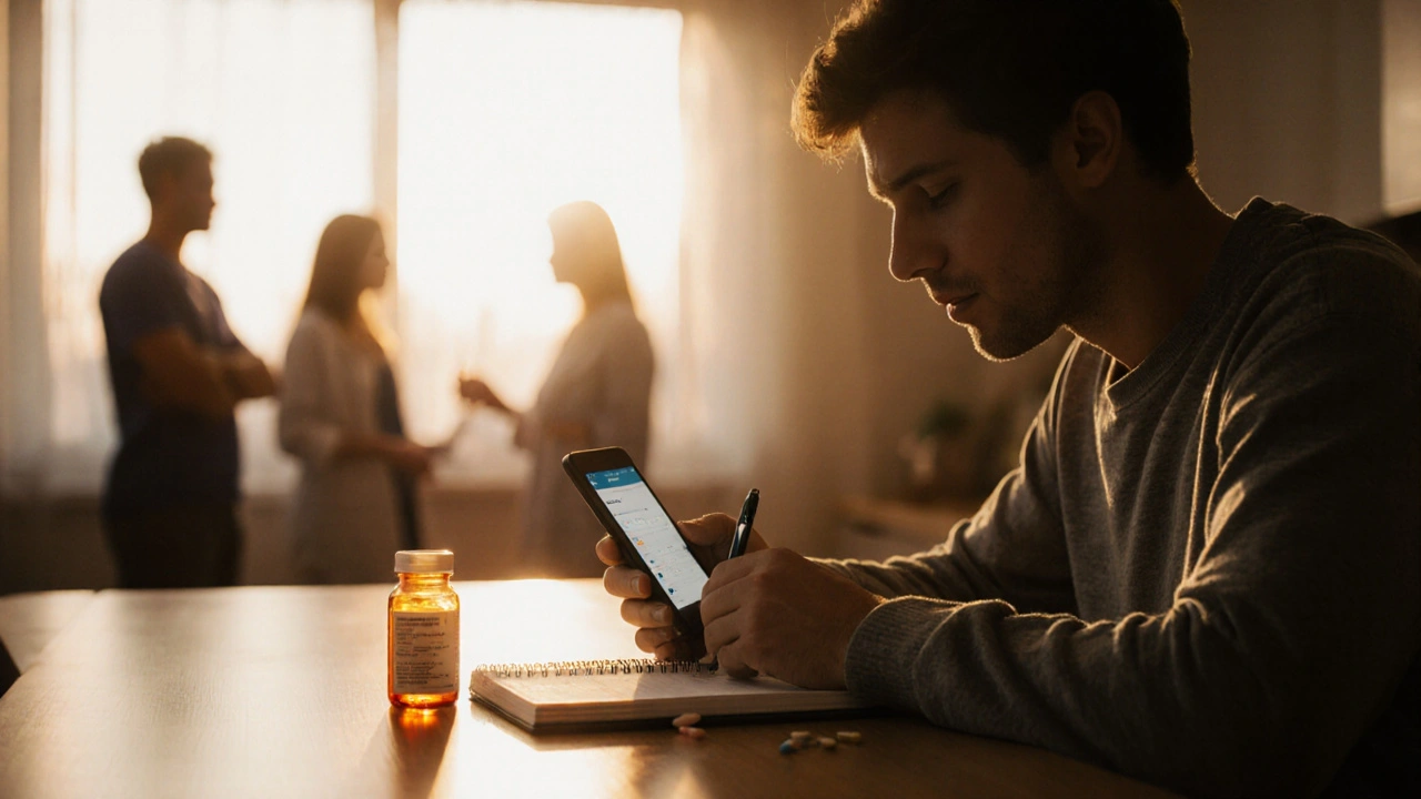 Patient tracks medication at home, supported by a community vibe.