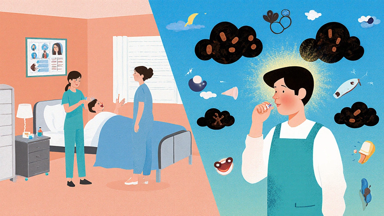 Patient undergoing aspirin desensitization in hospital, then thriving later with reduced polyps and open air.