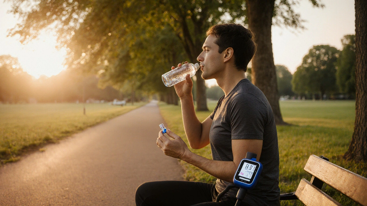 Patient walks in park, takes Imdur tablet, and checks blood pressure.