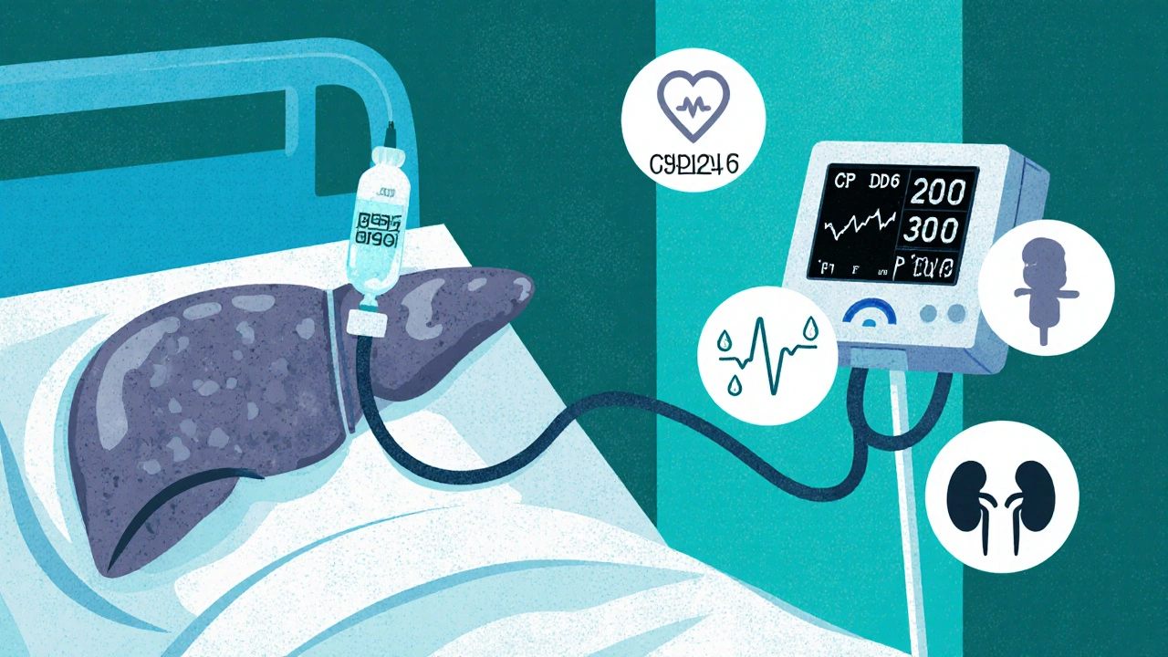 Patient with cirrhotic liver receiving IV labetalol, monitor showing low blood pressure.