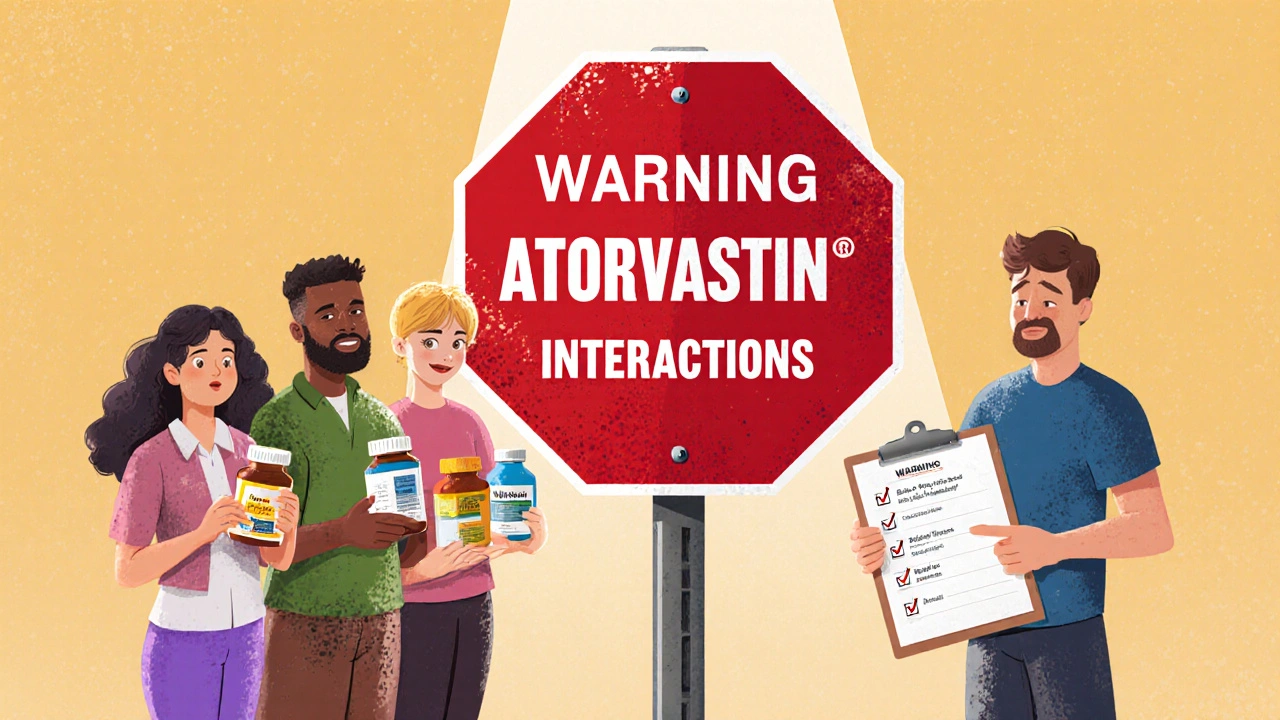 People with medications near a red warning sign, pharmacist guiding with a checklist