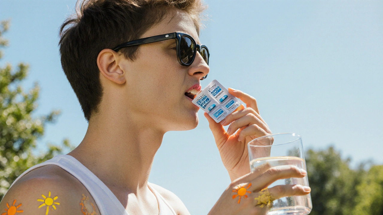 Person outdoors wearing sunscreen, holding tetracycline blister pack and glass of water.