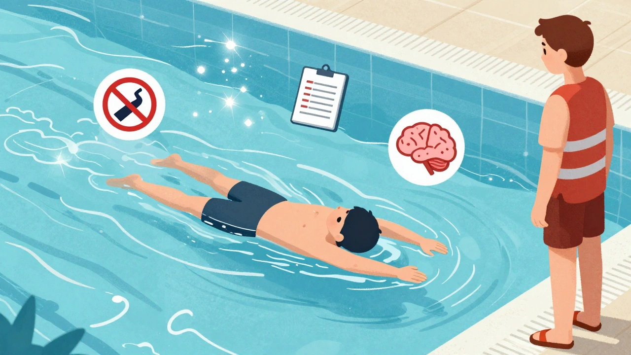 Person swimming in shallow pool with lifeguard nearby, icons for hydration, logbook, and brain stability.