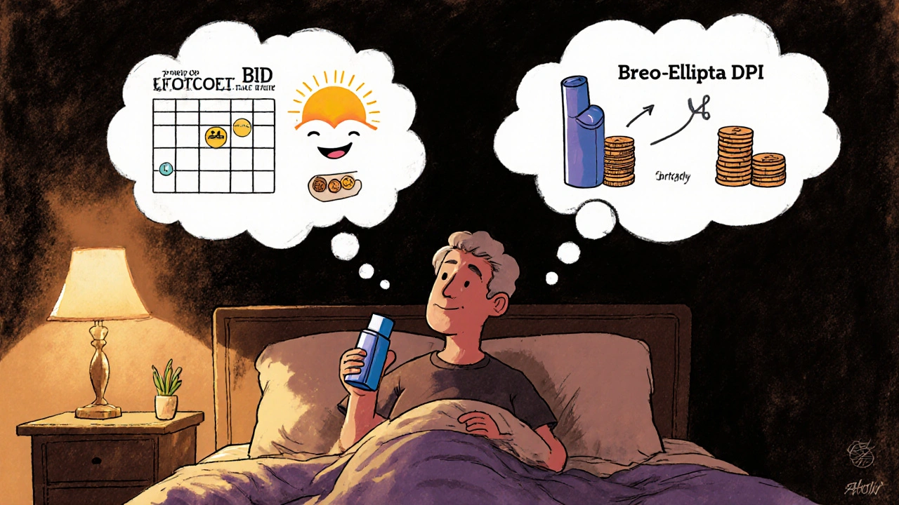 Person thinking about Foracort versus Breo Ellipta inhalers with visual cues for dosing and price.